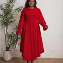 XNMHL Plus Size Church Dresses for Curvy Women Formal Empire Puff Sleeve African Attire Flowy Hem Outfits (Red, XL)