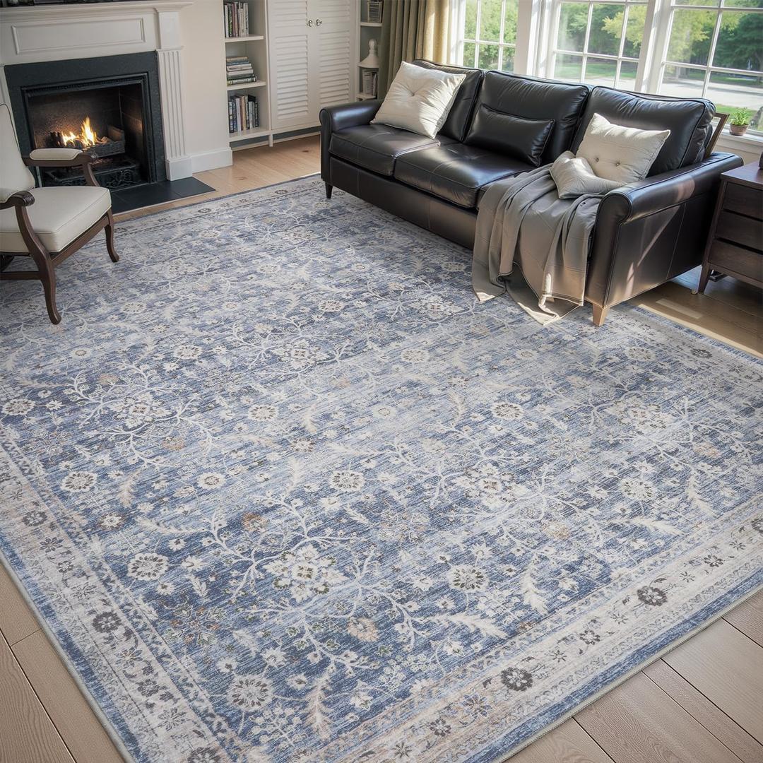 MontVoo-Vintage Area Rug 9X12 Blue Rugs for Living Room-Soft Distressed Printed Rugs for Bedroom-Non Slip Carpet-Machine Washable Rug for Dining Room Living Room Bedside Office