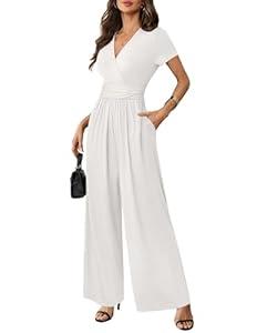 LOOKBOHO Women's Short Sleeve Jumpsuits Summer Casual Deep V Neck Dressy Casual 2026 Romper High Waist Summer Wide Leg Pants White, Small