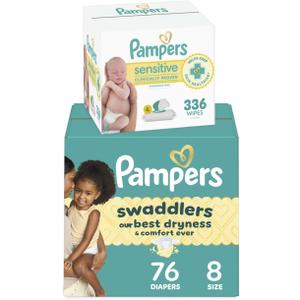 Pampers Swaddlers Disposable Baby Diapers Size 8, 76 Count with Sensitive Water Based Baby Wipes 4X Pop-Top Packs (336 Count)