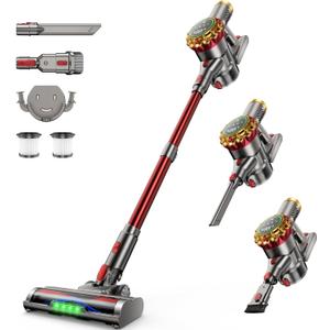Cordless Vacuum Cleaner 580W 50Kpa Vacuum Cleaners for Home, 65 Mins Battery Stick Vacuum Anti-Tangle, Self-Standing, 8-in-1 Lightweight Vacuum for Hardwood Floor/Carpet/Pet Hair (7, Red)