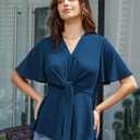 GRACE KARIN 2026 Women's Elegant V Neck Peplum Tops Tie Front Short Bell Sleeve Shirts Tops Blouse (Blue, XXL)