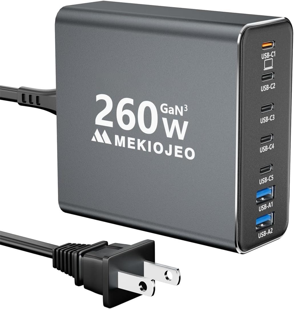 Aluminum Alloy 260W USB C Charger GaN Fast USB C Charging Station 7 Ports 65W Laptop Charger for MacBook Pro/Air/iPad Pro/iPhone (Gray)