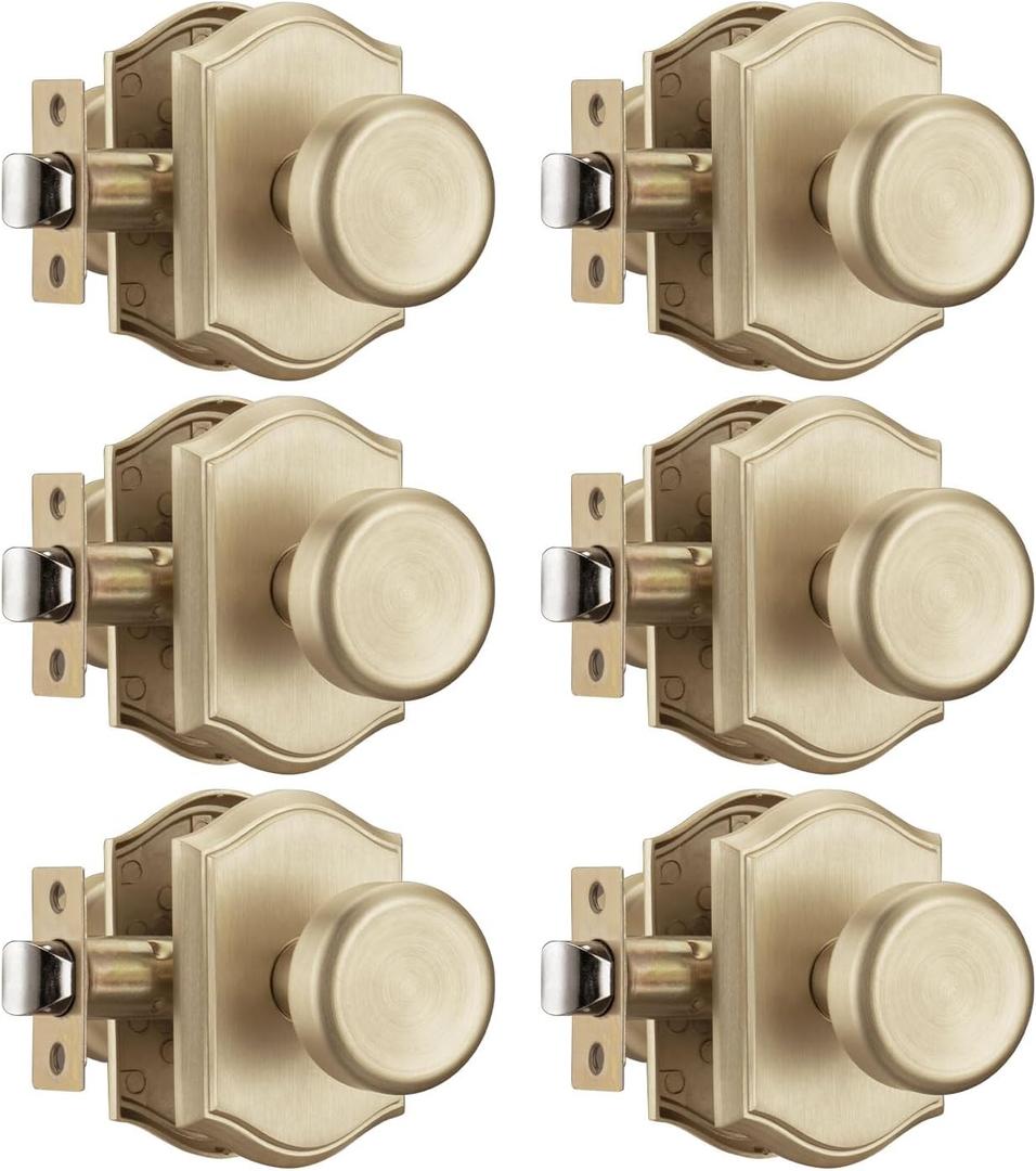 6 Pack Pismo Doorknobs for Hall, Gold Interior Door Knobs with Camelot Trim, Satin Brass Interior Door Handles
