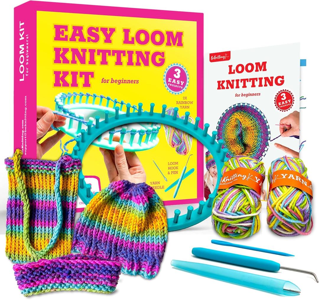 BeKnitting Learn to Knit Loom Kit - DIY Arts & Crafts w/Round Loom, Yarn, Crochet Hook, & Pen | for Kids & Adults | Weaving | Holiday Gifts, Gift-Ready Box