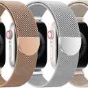 BELONGME 3 Pack Mesh Loop Compatible with Apple Watch Bands for Women Men 40mm 41mm 38mm 42mm 44mm 45mm 49mm 46mm Series 11 10 9 8 7 6 5 4 Ultra3 SE3 2, Stainless Steel Metal Magnetic Strap for iWatch (Champagne Gold+Silver+Starlight)