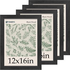 12x16 Picture Frame, Black Wood, 4 Pack, Glass, Wall Mounting