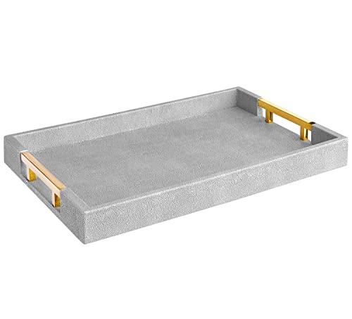 Home Redefined Modern Elegant 17.5"x12" Rectangle Glossy Grey Shagreen Faux Leather Decorative Tray Ottoman Coffee Table Perfume Kitchen Display Perfume Serving Tray with Gold Polished Metal Handles.