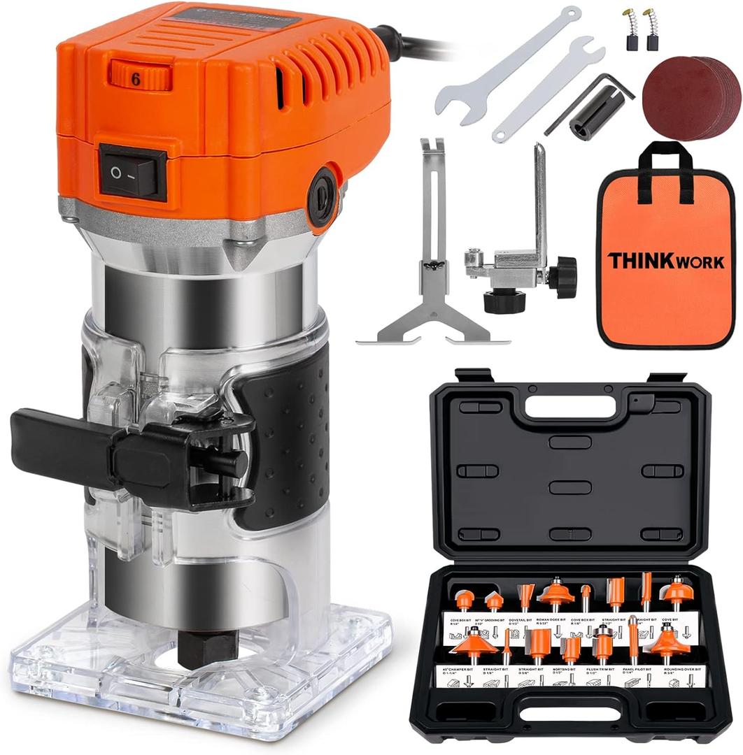THINKWORK Router Tool, 6 Variable Speeds Wood Router for Woodworking, 6.5 Amp 1.25 HP Trim Router with 15 Pieces 1/4" Router Bits Set
