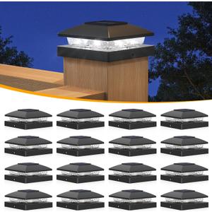 APONUO Solar Post Cap Lights for 4x4 Posts, Bright Cool White LED Post Cap Lights Solar Powered, IP64 Waterproof & All-Night Lighting, Black 16 Pack  Deck, Fence, Patio Light (Easy Install)
