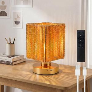 Rattan Table Lamp, 6000mah Battery Operated Table Lamp, Boho Small Desk Lamp, 3 Brightness Dimming for Bedroom Living Room Kids Room Touch Switch, Bulb Included
