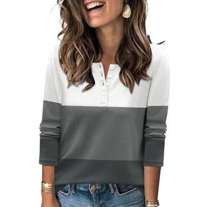LUYAA Women's Long Sleeve V Neck Warm Henley Shirts Color Block Printed Button Down Tunic Tops Dressy Casual Winter Tops (Medium, White Grey Charcoal)