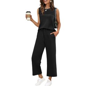 WIHOLL Two Piece Sets for Women Summer Outfits Matching Lounge Sets Wide Leg Crop Pants Vacation Travel (Black, L)