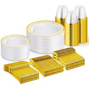WELLIFE 300 PCS Gold Dinnerware Set for 50 Guests, Gold and White Disposable Plastic Plates for Party, 50 Dinner & Salad Plates, 50 Cups Forks Knives Spoons for Wedding and Party Supplies