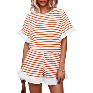 Tankaneo Womens 2 Piece Striped Shorts Set Ruffle Short Sleeve Tops Hight Waist Shorts Matching Sets Summer Vacation Outfits (L)