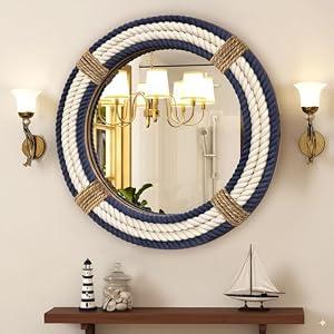 Vercraft Nautical Coastal Mirror 24 Wall Decor with Rope Wrapped Trim and Hanging Loop Round Circle Nursery Mirror Nautical Boho Rustic Decorative for Living Room, Bedroom Blue and White