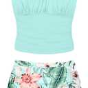Girls Tankini Swimsuits Two Piece Tropical Print Pleated Bathing Suit with Ruffle Drawstring Skirt Swimwear (13-14 Years, Blue Plant)