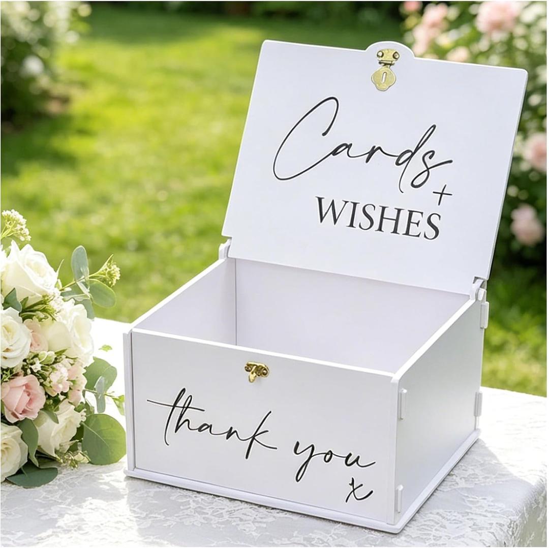 Open Card Box with Lock, White Elegant Wedding Card Boxes for Reception Envelope Wishes Cash Gift, Mr & Mrs Memory Box for Keepsakes Storage Weddings Engagement Baby Bridal Shower Table Decor