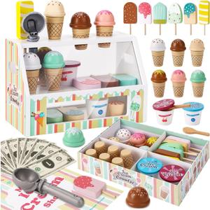 Wooden Ice Cream Toys for Kids Pretend Play Kitchen Food Toys with Scoop & Menu & Fake Money, Ice Cream Counter Shop Playset for 3 4 5 6 Year Old Girls Boys Birthday Gifts
