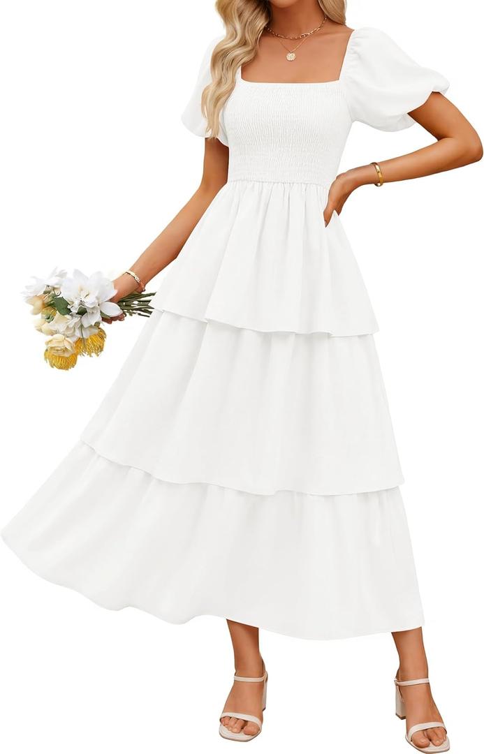 ZESICA Women's Summer Smocked Midi Dress 2026 Casual Puff Short Sleeve Flowy Tiered Boho Beach Vacation Long Dresses (Medium, White)