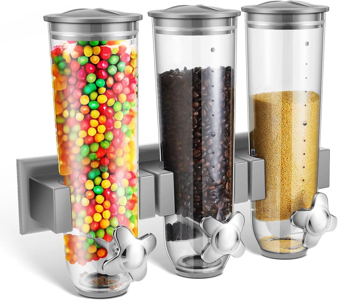 Umigy 1 Pcs Candy Dispenser Wall Mounted, Triple Dry Cereal Grain Dispenser Machine Wall Mount, Food Storage Container for Pantry Snack with 3 Cup for Kitchen, 39 oz (Gray)