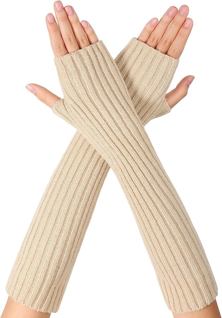 Women's Long Fingerless Gloves Stretch Arm Warmers Fashion Knit Arm Sleeves for Women Thumb Hole Stretchy Gloves (Beige)