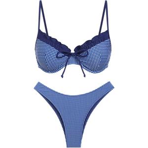 seamoly Vintage Gingham Bowknot Decor Tied Back Underwire Bikini Set (Medium, Deep Blue-01)