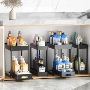 Delamu 4 Pack Under Sink Organizers and Storage, 2 Tier Black Bathroom Cabinet Organizer, Multi-Use Kitchen Bathroom Organizers and Storage, Black