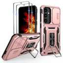 Aropuktek for Samsung Galaxy-S24-FE Case: Longer & More Stable Rotatable Kickstand, Slide Camera Cover, Heavy Duty Shockproof Phone Case with 2 PCS Screen Protector for Galaxy S24 FE Case, Rose Gold
