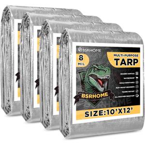 Tarps Waterproof 10x12 Feet, 4 Pack Heavy Duty Silver Tarp Cover 8 Mil Thick, Resistant Plastic Tarpaulin with Metal Grommets, Outdoor Tent Cover for Emergency Rain