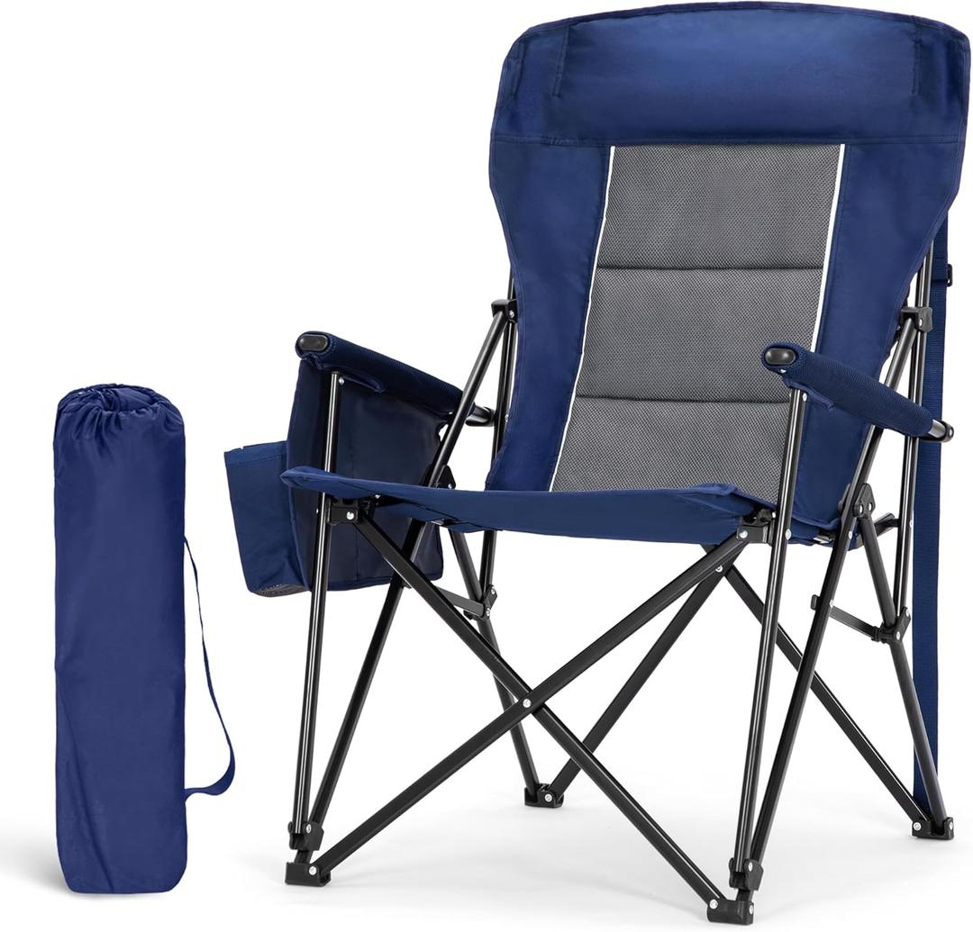 LET'S CAMP Oversized Camping Chairs 29.52" High Back Heavy Duty Lawn Chair Support 500LBS, Portable Collapsible Chair with Cup Holder, Side Pocket(Blue) (Navy)
