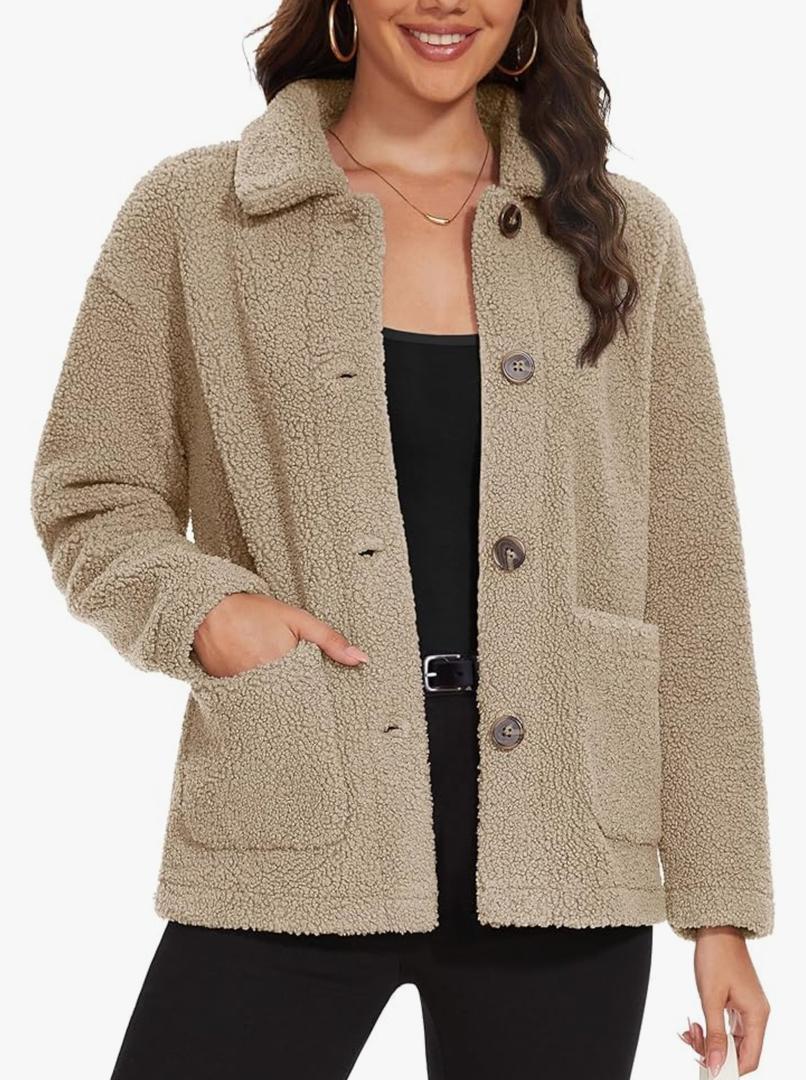 Womens Sherpa Fleece Jackets Fuzzy Warm Winter Jackets Button Down Coat Long Sleeve Outwear with Pockets
Size L