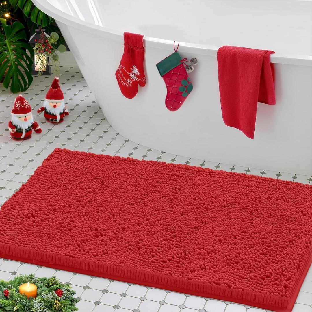 LuxUrux Ultra-Soft Chenille Bath Mat - Plush Microfiber Bathroom Rug, Super Absorbent & Quick-Dry, Cozy Shaggy Design, Machine Washable (24 x 36 inches, Red)