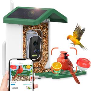 Bird Feeder with Camera,Smart AI Feeder with Solar-Powered Camera  Auto Identifier, Live View, Instant Visit Alerts, HD Video Capture for Bird Watching Enthusiasts (Weatherproof) 2.4GHz WiFi- Green
