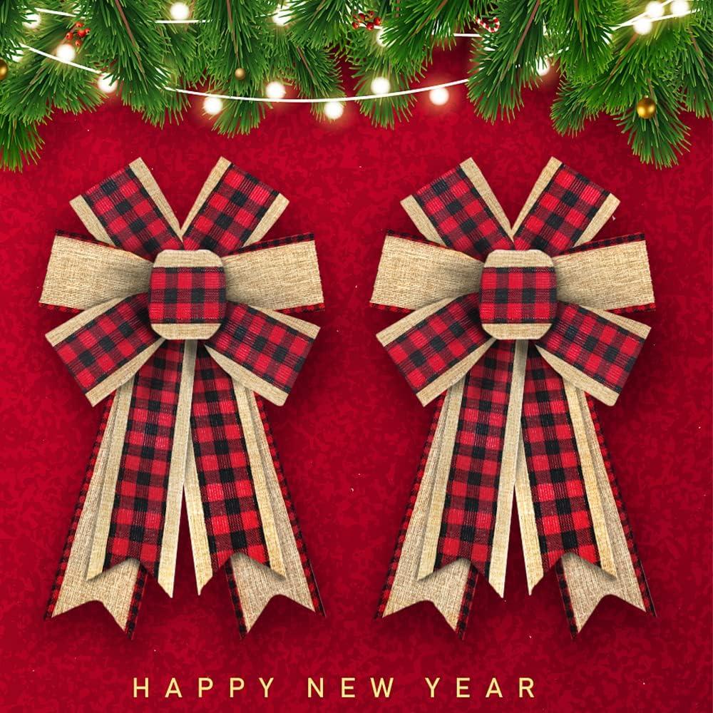 Threetols 2PCS Christmas Wreath Bows, Red Black Buffalo Plaid Bows for Wreath Beige Rustic Farmhouse Bows for Front Door Winter Christmas Tree Bows for New Year Indoor Outdoor Xmas Decorations