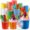 Eaasty 150 Pack Disposable Ice Cream Cups 12oz Colorful Paper Bowls with Lids and Spoons Leak Proof Dessert Container for Sundae Snack Yogurt Party Baby Shower Wedding Camping(Simple,Colorful)