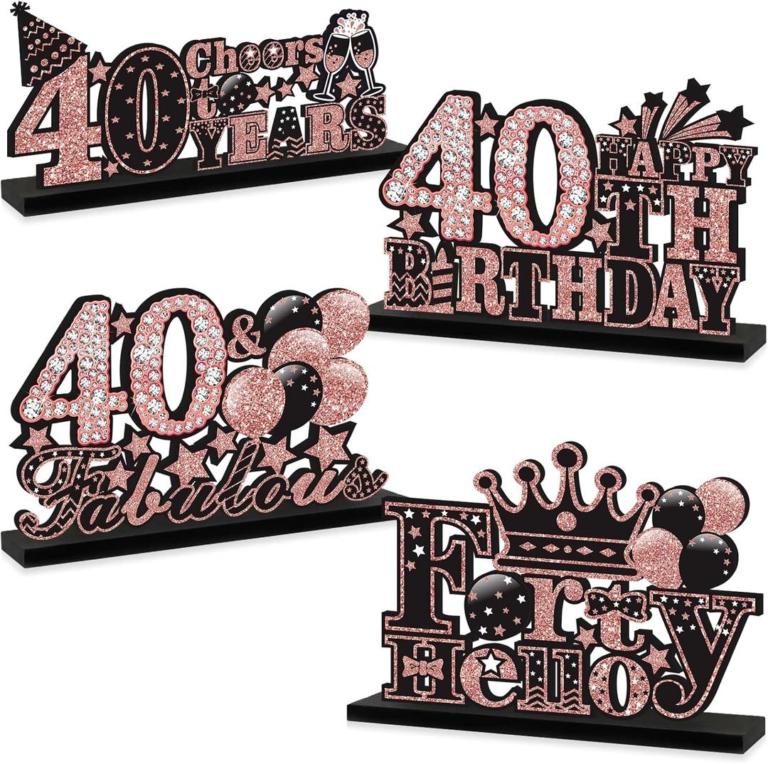 4pcs 40th Birthday Decorations Wooden Table Centerpieces for Women, Rose Gold Pink 40th Birthday Table Sign Party Supplies, Hello Forty Cheers to 40 Years Bday Table Decor