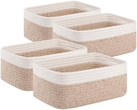 OIAHOMY 4 Pack Storage Baskets for Organizing, Small Bins for Shelves, Cute Decorative Storage Bins, Organizer Baskets for Gifts Empty, 11.8''Lx7.8''Wx4.7''H, Brown/White
