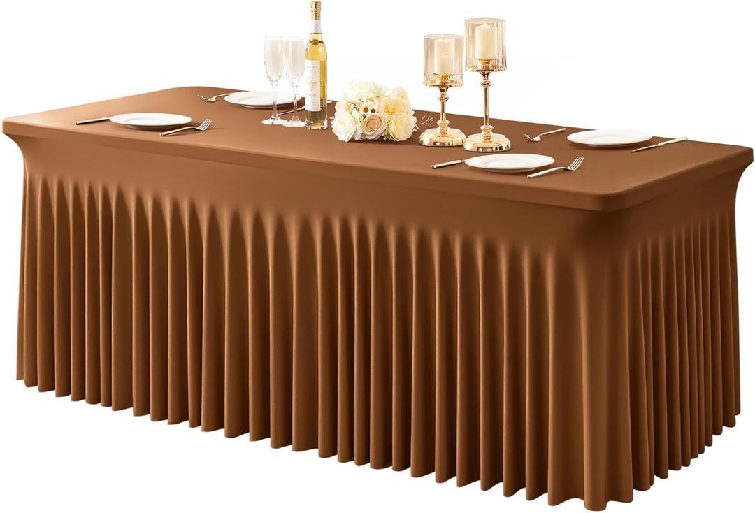 1 Pack Brown Spandex Tableclothes for 4 Foot Rectangle Tables, Wrinkle Free 4ft Fitted Table Cover Stretch Table Cloth Desk Skirt for Weddings Baby Shower Birthday Party Banquet Decorations,  Brown, 48" x 24" (4FT-1 Pack)