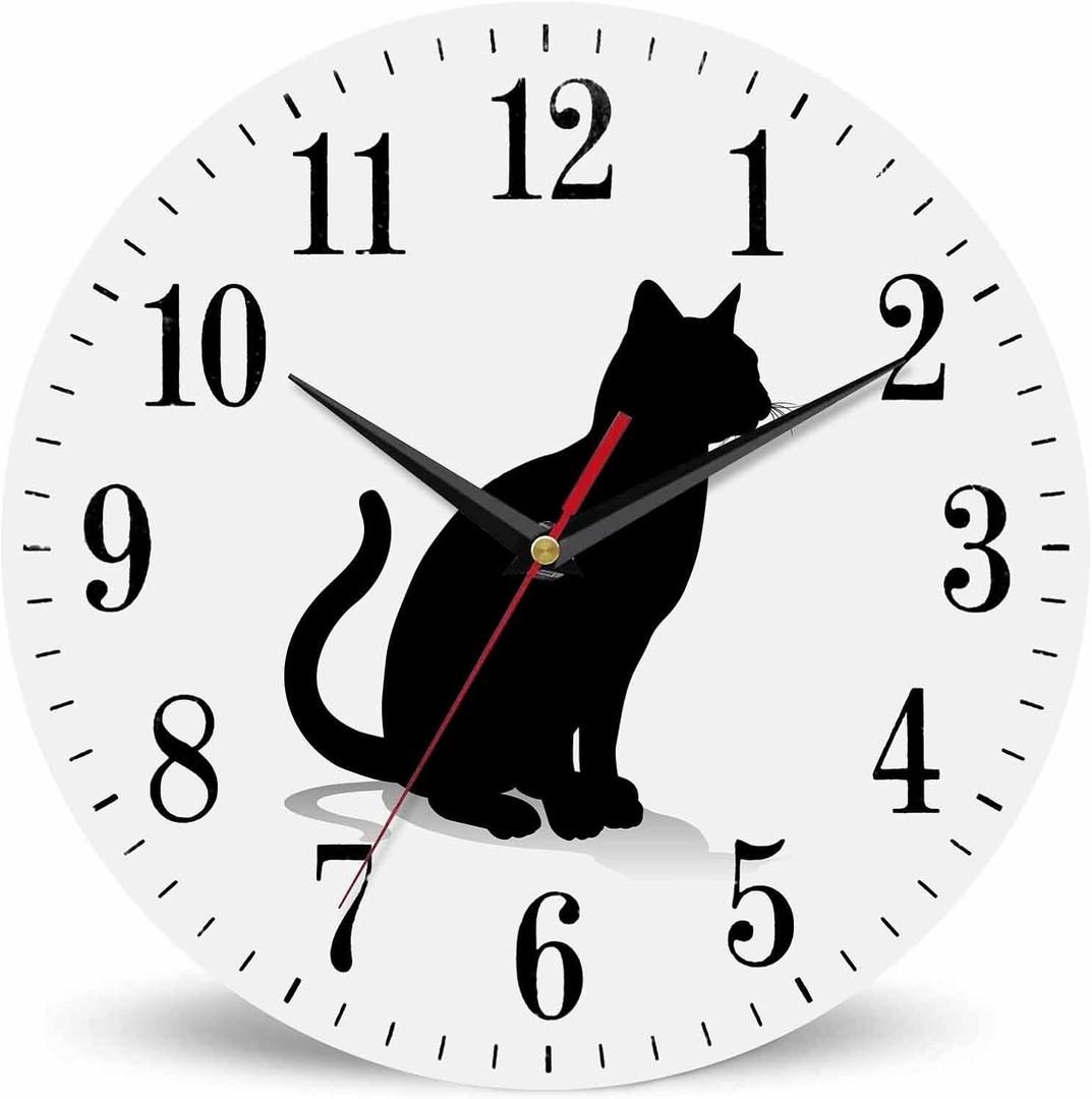 Mxocom Cat Silhouette Wall Clock Pet Animal Kitten Standing Black Outline 10 Inch Silent Non Ticking Battery Operated Clock Vintage Round Clock for Living Room Bedroom Bathroom Office Decor