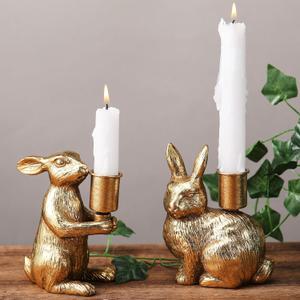 Sliner 2 Set Easter Bunny Candle Holders Rabbit Gold Taper Decorations, Vintage Rustic Candlesticks Pedestal, Centerpieces Decor for Candle Fireplace Mantle Dining Table Gifts Crafts