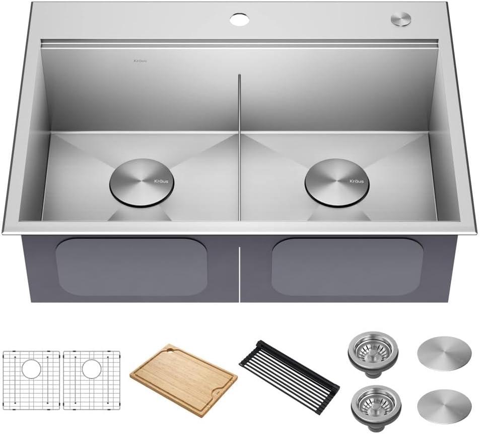 KRAUS Kore 30-Inch Drop In/Top Mount Workstation 16 Gauge 50/50 Double Bowl Stainless Steel Kitchen Sink with Accessories, KWT302-30