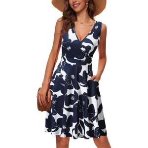 GUBERRY Womens Wrap V Neck Sleeveless Sundress Summer Flare Tank Dress with Pockets (Small, Blue/White)