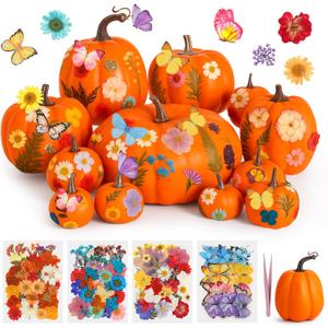 12 Pcs Artificial Pumpkins Fall Decor with 150 Pcs Dried Flower Butterfly Stickers & 1 Handy Tweezer DIY Craft Pumpkin for Thanksgiving Table Centerpiece Mantel Shelf (Orange)