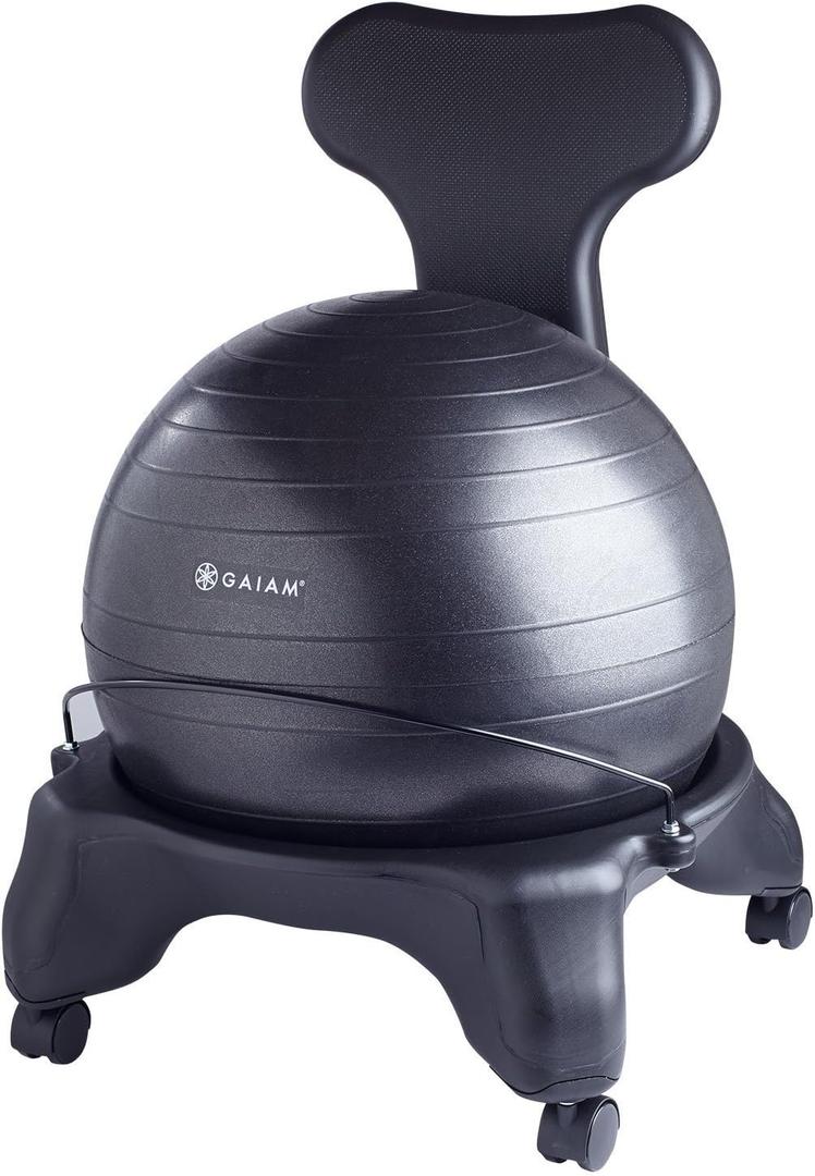 Gaiam Classic Balance Ball Chair  Ergonomic Stability Chair for Desk & Office | Yoga Ball Seat with Base, Air Pump, & Exercise Guide | Improves Posture & Core Strength (300 lb Capacity) (Black)