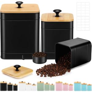 Tioncy Kitchen Canisters for Countertop Set of 3 Metal Canisters Sets with Bamboo Lids Spoon Airtight High Capacity Coffee Tea Sugar Flour Jars with DIY Labels Farmhouse Food Storage(Black,L,M,S)