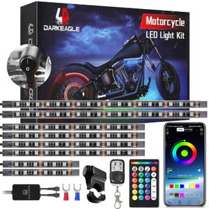 8PCS Motorcycle RGB LED Light Kit with Handlebar Switch Brake Turn Signal, Multicolor Underglow Lights with APP/RF Remote, Neon Strips 12V Waterproof for Sport Bike, Cruiser, Street & Dirt Motorcycle