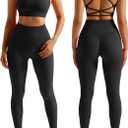 RXRXCOCO Ribbed Workout Sets for Women 2 Piece Backless Strappy Sports Bra Seamless Leggings Matching Set Yoga Outfits (Medium, #004 Black)
