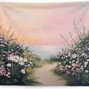 WNAGT Pink Wildflower Coastal Beach Tapestry Wall Hanging, Pastel Spring Floral Ocean Seaside Landscape Wall Blanket Decor for Bedroom Living Room Home Beach House, 50x60 Inch