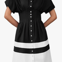 Wenrine Womens Summer Button Down Shirt Dress Casual Color Block V Neck Short Sleeve Corset Maxi Dresses Size S